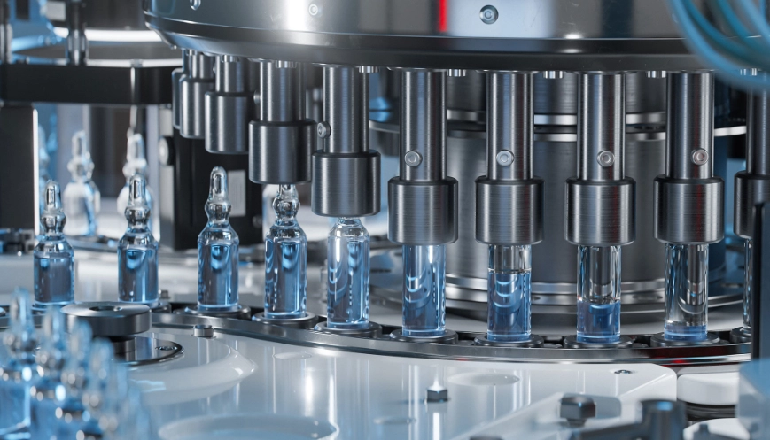 Close-up of Medical Ampoule Production Line at Modern Modern Pharmaceutical Factory