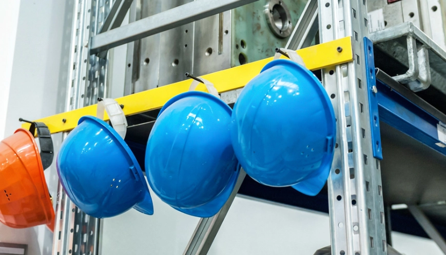 Close-up of protective helmets hanging in distributional warehouse of large automobile factory.