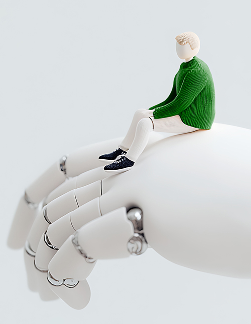Image of robot hand and person sitting on top